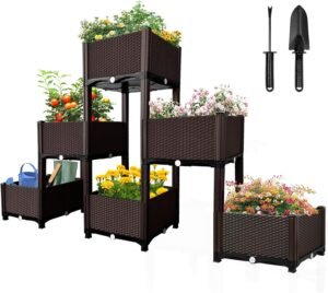 MAYOLIAH Garden Raised Bed Kit, 6 Elevated Planter Boxes with Drainage Holes, Plastic Garden Bed for Vegetables Herbs Flowers Fruits Planting in Front Porch Yard Patio Balcony, Brown