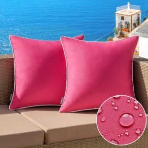 MIULEE Pack of 2 Outdoor Waterproof Pillow Covers Decorative Farmhouse Throw Pillow Covers Square Solid Color Couch Pillow Covers Spring for Patio Tent Bed Sofa Living Room 18x18 Inch Hot Pink