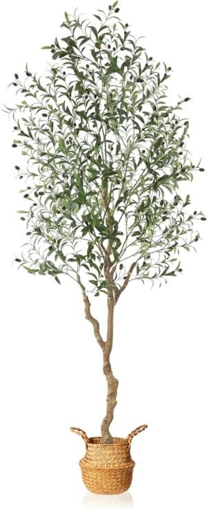 MOSADE Artificial Olive Tree 7 Feet Fake Olive Silk Plant and Handmade Seagrass Basket, Perfect Tall Faux Topiary Silk Tree for Indoor Entryway Modern Decor Home Office Porch Balcony Gift,1Pack