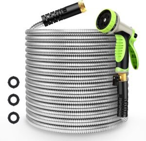 Metal Garden Hose 50ft Flexible Water Hose Stainless Steel Heavy Duty Lightweight Durable Strong Kink Free Extra Long Hose Pipe with 10 Way Nozzle for Outdoor Outside Lawn Yard