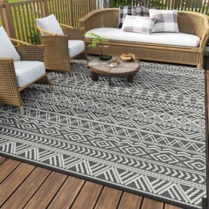 MontVoo Outdoor Rug, Plastic Straw Rug - 5x8 ft, Reversible, Waterproof, Patio, RV Camping Rug, Boho Grey - Quick Dry, Stain Resistant, Fade Resistant, Soft, Lightweight, Wide Use