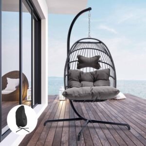 NICESOUL® Egg Chair Outdoor Indoor Patio Wicker Hanging Chair Swing Hammock Egg Basket Chairs UV Resistant Cushions 350lbs Capacity for Patio Backyard Balcony with Cover