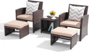 OC Orange-Casual 5 Pcs Patio Conversation Set Balcony Furniture Set with Cushions, Brown Wicker Chair with Ottoman, Storage Table for Backyard, Garden, Porch, Beige