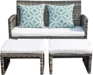 OC Orange-Casual Outdoor Loveseat Patio Furniture Rattan Conversation Set with Ottoman, White Cushions, Grey Wicker, Pillows Included