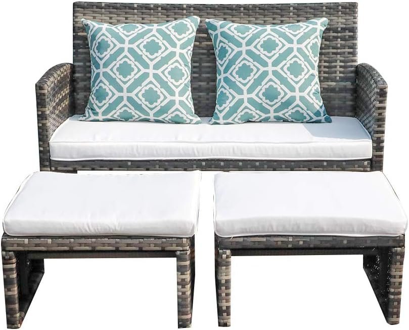 OC Orange-Casual Outdoor Loveseat Patio Furniture Rattan Conversation Set with OC Orange-Casual Outdoor Loveseat Patio Furniture Rattan Conversation Set with Ottoman, White Cushions, Grey Wicker, Pillows Included