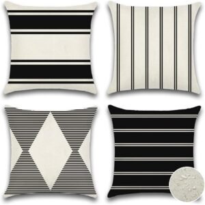 OTOSTAR Pack of 4 Outdoor Throw Pillow Covers 18x18 Inch Waterproof Modern Geometry Decorative Square Garden Cushion Cases/Shell for Couch Patio Furniture Tent Balcony (Black)