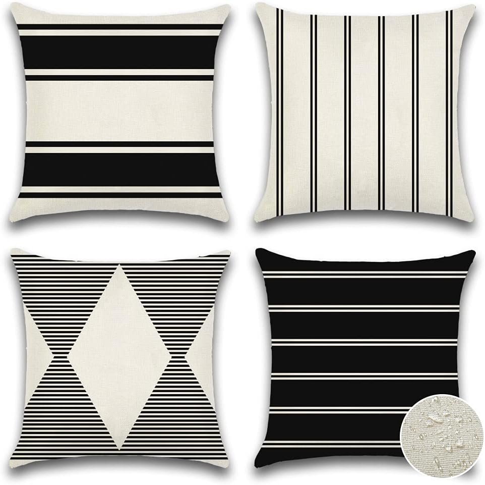 OTOSTAR Pack of 4 Outdoor Throw Pillow Covers 18x18 Inch OTOSTAR Pack of 4 Outdoor Throw Pillow Covers 18x18 Inch Waterproof Modern Geometry Decorative Square Garden Cushion Cases/Shell for Couch Patio Furniture Tent Balcony (Black)