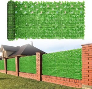 OUSHENG 118x39in Fence Covering Privacy Cover Ivy Screen with Artificial Flowers, Faux Vines Leaf Wall Decoration for Outdoor Balcony Apartment Deck