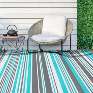 Outdoor Plastic Straw Patio Rug - Camping Waterproof, Durable Outdoor Area Rug for Patios Decor, RVs, Porch, Balcony, Deck, Camper - Blue and Grey, 4x6 ft