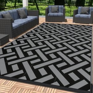 Outdoor Plastic Straw Rug, Waterproof Outdoor Rug 5x8 ft, Reversible Patio Camping Rug, Indoor Outdoor Carpet, Large Area Mat for Outside RV, Balcony, Deck, Beach, Picnic, Black & Grey