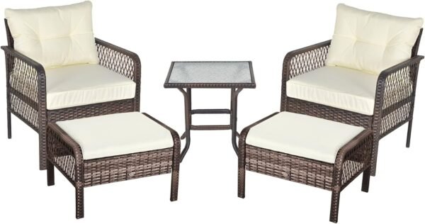 Outsunny 5-Piece PE Wicker Patio Furniture Set, Conversation Set with Outdoor Ottomans, Table & Chairs, Small Balcony Furniture for Apartments, Steel, Cream White