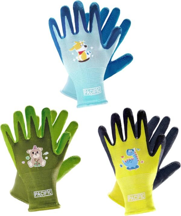 PACIFIC 3 Pairs Kids Gardening Gloves for Age 5-9, Toddler Rubber Coated Garden Gloves, Kids Work Gloves, for Children, Boys and Girls, Multicolor, XXS