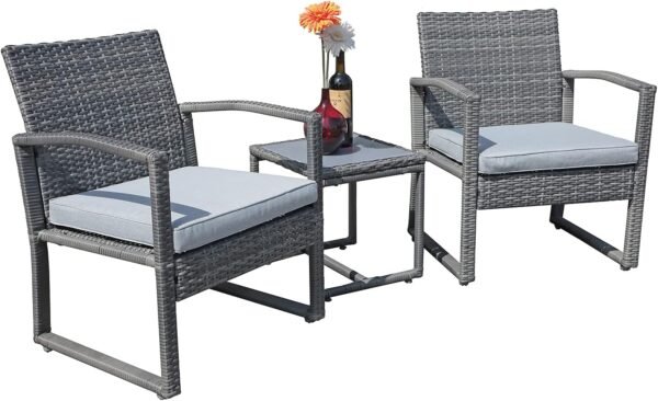 Patiorama 3 Pieces Outdoor Patio Furniture Set, Outdoor Wicker Conversation Set, Patio Rattan Chair Set, Modern Bistro Set with Coffee Table, Garden Balcony Backyard Poolside (Light Gray)