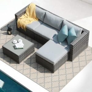 Patiorama 5 Piece Outdoor Patio Furniture Set, Sectional Conversation All-Weather Grey PE Wicker w/Light Cushions, Backyard Porch Garden Poolside Balcony Set