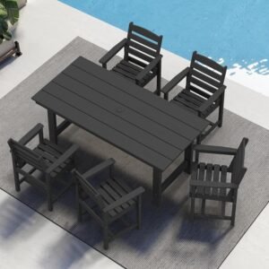 SERWALL Patio Dining Table Sets 5-Piece, Outdoor HDPE Dining Furniture Set with Umbrella Hole Cut-Out Table and 4 Chairs, Weather Resistant Dining Set for Lawn, Garden, Backyard, Poolside, Black