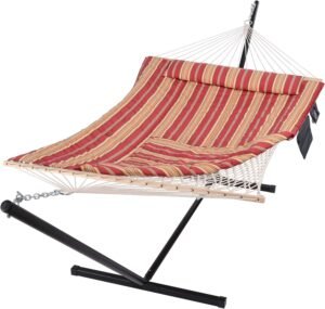 SUNCREAT Hammocks Portable Hammock with Stand, Hammock with Stand 2 Person Heavy Duty for Bedroom, Backyard, Patio, Balcony, Red Stripe