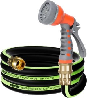 SYEENIFY Kink Free Garden Hose 10ft 5/8", Heavy Duty Hybrid Water Hose, Ultra Durable Flexible Rubber Hose with Sprayer Nozzle,Leakproof Yard Outdoor Hose with Brass Solid Connector