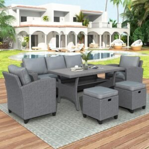 Sectional 6-Piece Outdoor Wicker Set Patio Garden Backyard Sofa, Chair, Stools and Table(Gray Rattan Cushion)