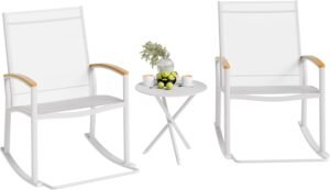 Shintenchi 3 Piece Outdoor Rocking Bistro Set, Textilene Fabric Small Outdoor Furniture, Front Porch Rocker Chairs Conversation Set with Table for Lawn, Garden, Balcony, Poolside (White)