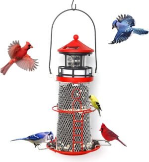 Solar Lighthouse Bird Feeder with Rotating Beacon - 14" Hanging Mesh Wild Bird Feeders for Eaves, Balcony, Trees, Hooks, Ideal Bird Feeder Gifts for Bird Lovers,Women,Kids,Elderly(Apple Red)