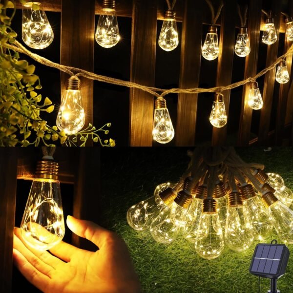 Solar Outdoor String Lights, 20Ft Vintage Rope Hemp Solar Patio Lights, Waterproof Warm White Solar Powered String Lights With 8 Modes 16 Shatterproof Bulbs for Garden Fence Stairs Balcony Café Bistro