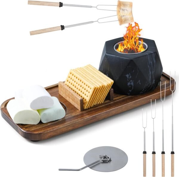 Tabletop Fire Pit Smores Maker Kit - Portable Outdoor & Indoor Fire Pit Tabletop with 4 Smores Sticks and Wooden Tray, Small Table Top Firepit Mini Fireplace for Home Patio Balcony Decor