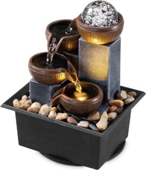 Tabletop Fountain 4 Level Tabletop Waterfall Meditation Fountain Indoor Fountain Office Home Relax Desktop Fountain Pool Includes Many Natural River Rocks LED Lights Fixed Decorative Bubble Ball