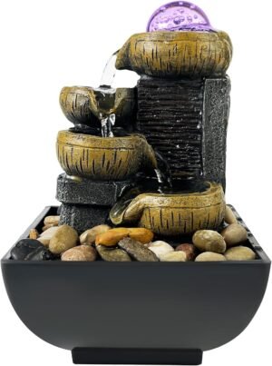 Tabletop Fountain 4-Tier Waterfall Function, Indoor Zen Meditation Desktop Fountain Rocks Decorated with Colored Lights and Rolling Ball for Home Office Decoration