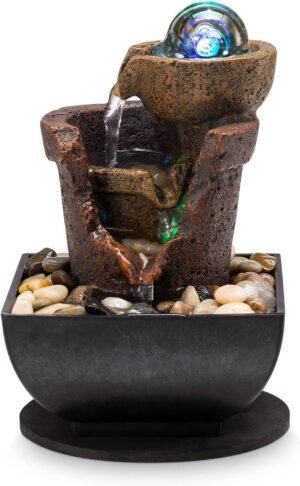 Tabletop Fountain Indoor Waterfall Meditation Fountain Office Relaxing Tabletop Fountain Includes Many Natural River Rock LED Lights Rolling Decorative Bubble Balls