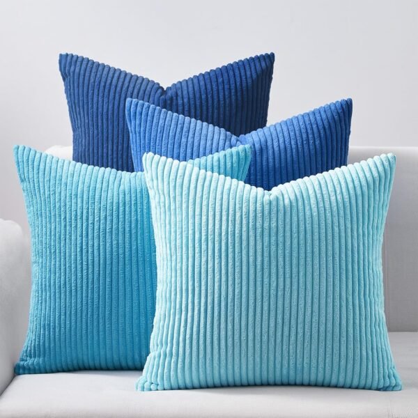 Topfinel Blue Throw Pillow Covers 18x18 Inch Set of 4,Soft Accent Corduroy Decorative Cushion Cover,Square Modern Pillow Case for Beach,Patio,Balcony,Living Room,Summer Gradient Shams Home Decor