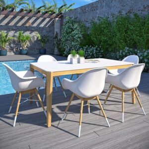 URBAN ELEMENTS Golf Patio Furniture Set | Teak Finish 100% FSC Eucalyptus Wood | Backyard Furniture, Outside Table and White Chairs, Rectangular Outdoor Dining Set, 7-Piece White