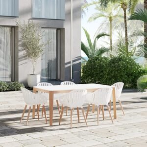 URBAN ELEMENTS Voyage Patio Furniture Set | Teak Finish 100% FSC Eucalyptus Wood | Backyard Furniture, Outside White Table and Chairs, Rectangular Outdoor Dining Set, 7-Piece White