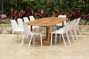 Urban Elements Boyaca 11-Piece Oval Extendable Patio Furniture Set | Certified Teak Wood | Backyard Furniture, Outside Table and Chairs, Outdoor Dining Set, White