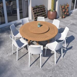 Urban Elements Melbourne 9-Piece Round Patio Furniture Set | Teak Finish 100% FSC Eucalyptus Wood | Backyard Furniture, Outside Table and Chairs, Outdoor Dining Set, White