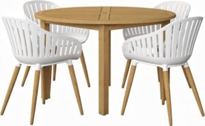 Urban Elements Nature 5-Piece Wood Patio Furniture Set | Teak Finish 100% FSC Eucalyptus | Backyard, Outside Table and Chairs, Round Outdoor Dining Set for 4, Patio Dining Set for 4 (White)