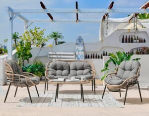 Urban Home Furniture Belize 4-Piece PE Natural Rattan Outdoor Grey Cushions Conversation Set, Large