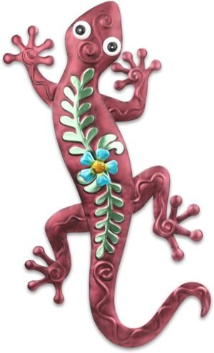 VCUTEKA Outdoor Metal Gecko Wall Art Lizard Wall Sculpture with Flower Outside Wall Sculpture Hanging Wall Decoration for Garden Patio Fence Yard Balcony Decor Brown