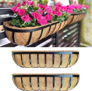 Wall Planter - 2 Pack, 30 Inch Outdoor Wall Mounted Planter, Window Flower Box, Metal Rail Basket with Coco Liner Attach to House, Balcony Garden Porch Deck Patio Pot Railing Hanging