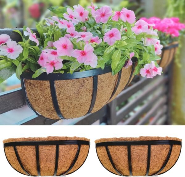 Wall Planters - 16 Inch, 2 Pack Wall Hanging Planter for Outdoor Plants, Metal Railing Planter Boxes with Coco Liners Horse Troughs Fence Balcony Garden