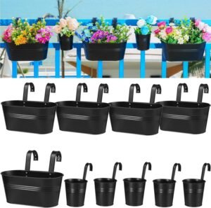 10 Pcs Hanging Planter Railing Planter Box Metal Iron Window Boxes Planters for Outdoor Plants Balcony Planter Fence Planters with Detachable Hooks for Herb Garden Planter Outdoor(Matte Black)