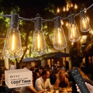 100FT Outdoor String Lights with Remote,Led Patio String Lights with Shatterproof ST38 Vintage Bulbs,IP65 Waterproof, Dimmable Outside Hanging Lights for Proch,Backyard,Cafe,Balcony, Bistro