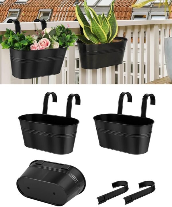 11 Inch Metal Hanging Flower Pot Indoor - 3 PCS Balcony Metal Buckets with Detachable Hooks and Drainage Holes Large Oval Fence Hanging Planters for Railing Outdoor Great for Garden Home Decor, Black