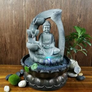 11.8in Buddha Tabletop Waterfall Fountain Fengshui Meditation Relaxing Indoor Decoration, Waterfall Kit with Circular Water Flow for Home, Office, Bedroom Decoration (Grey 1)