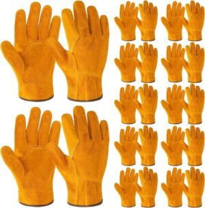 12 Pairs Leather Work Gloves Flexible Grip Gardening Gloves Thorn Proof Cut Resistant Cowhide Construction Gloves Men Women (Gold)