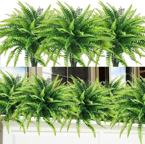 12pcs Artificial Flowers for Outdoor Fake Ferns Artificial Boston Fern Plant Artificial Ferns for Outdoor UV Resistant Plastic Plants (Green)