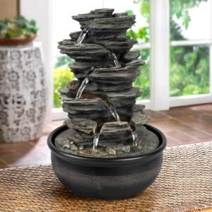 15.7” High Rock Falls Tabletop Water Fountain with LED Lights - 5-Tier Indoor Relaxation Waterfall Fountain, Small Cascading Water Feature for Home and Office Decor