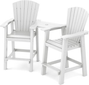 KINGYES Embossed Balcony Chair, Tall Adirondack Chair Set of 2 Outdoor Adirondack Barstools with Connecting Tray, High Airondack Chair with Wood Grain, White