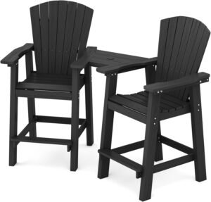 KINGYES Embossed Balcony Chair, Tall Adirondack Chair Set of 2 Outdoor Adirondack Barstools with Connecting Tray, High Airondack Chair with Wood Grain, Black