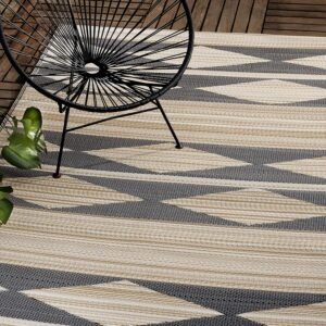 Fab Habitat Outdoor Rug - Waterproof, Fade Resistant, Crease-Free - Premium Recycled Plastic - Geo Tribal - Porch, Deck, Balcony, Mudroom, Laundry Room, Patio - Cairo - Natural & Black - 3 x 5 ft