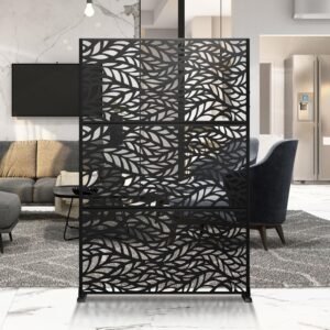 Metal Privacy Screen Outdoor Privacy Screen 72"H×47"W, Freestanding Decorative Privacy Screen for Balcony Patio Lawn Garden, Privacy Fence Privacy Panel-Black&Leaves